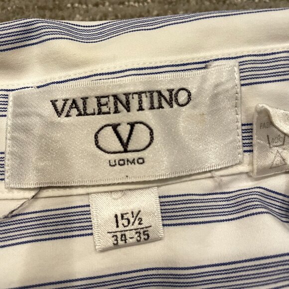 Valentino Uomo Shirt Mens 15.5 34 35 Blue White Stripe Dress Casual Button Up - Picture 3 of 10